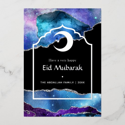 Eid Mubarak Galaxy en Zilveren Agaat Folie Vakanti Feestdagenkaart (Voorkant)