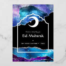 Eid Mubarak Galaxy en Zilveren Agate Folie Vakanti Folie Feestdagenkaart