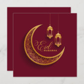Eid Mubarak Gold Crescent Islamic Lantern Red Feestdagenkaart (Voorkant / Achterkant)