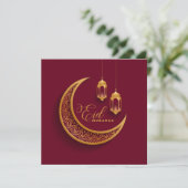 Eid Mubarak Gold Crescent Islamic Lantern Red Feestdagenkaart (Staand voorkant)