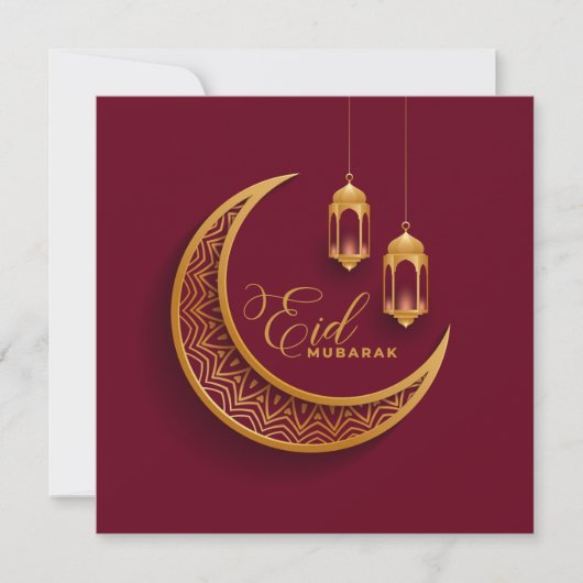 Eid Mubarak Gold Crescent Islamic Lantern Red Feestdagenkaart (Voorkant)