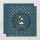 Eid Mubarak Gold Crescent Mosque Star Blue Feestdagenkaart (Voorkant / Achterkant)