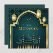 Eid Mubarak Gold Crescent Star Mosque Green Feestdagenkaart (Voorkant / Achterkant)