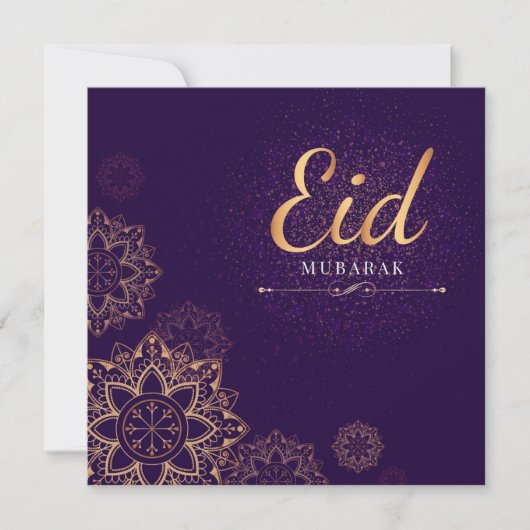 Eid Mubarak Gold Paarse Floral Feestdagenkaart (Voorkant)
