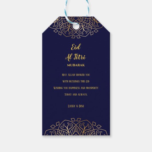 Eid Mubarak Golden Mandala Navy Blue Vakantie Cadeaulabel (Voorkant)