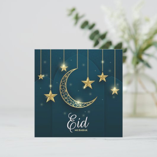 Eid Mubarak Golden moon en sterren Feestdagenkaart (Staand voorkant)