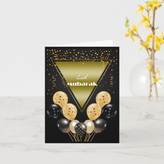Eid Mubarak Goud en Zwarte Confetti en Ballonnen Kaart (Gele Bloem)