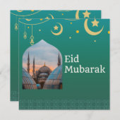 Eid Mubarak Green en Blue met  tekst Kaart (Voorkant / Achterkant)
