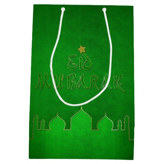 Eid Mubarak Green Gold Mosque Medium Cadeauzakje (Achterkant)