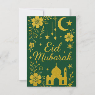 Eid Mubarak - Groene en Gouden Moskee Bloemen Kaart