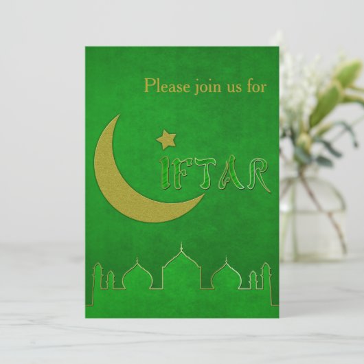 Eid Mubarak Groene Gouden Moskee - Iftar Uitnodigi Kaart (Staand voorkant)