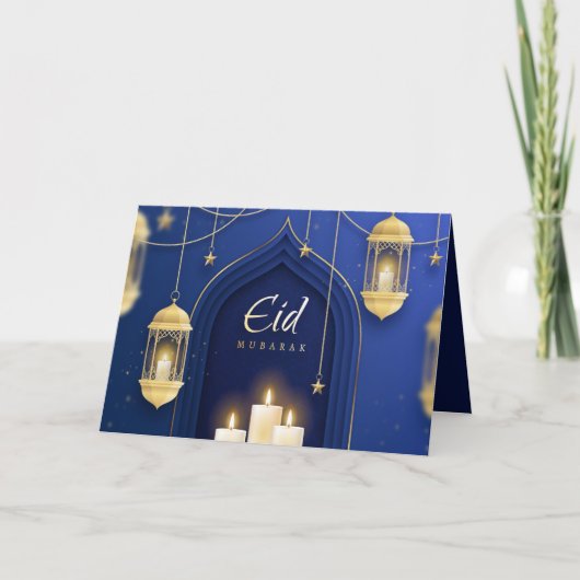 Eid Mubarak Islamitische Lantaarn Ster Kaars Blauw Feestdagen Kaart (Voorkant)