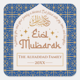 Eid Mubarak Islamitische Vakantie Elegant Blauw en Vierkante Sticker