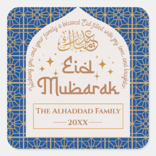 Eid Mubarak Islamitische Vakantie Elegant Blauw en Vierkante Sticker