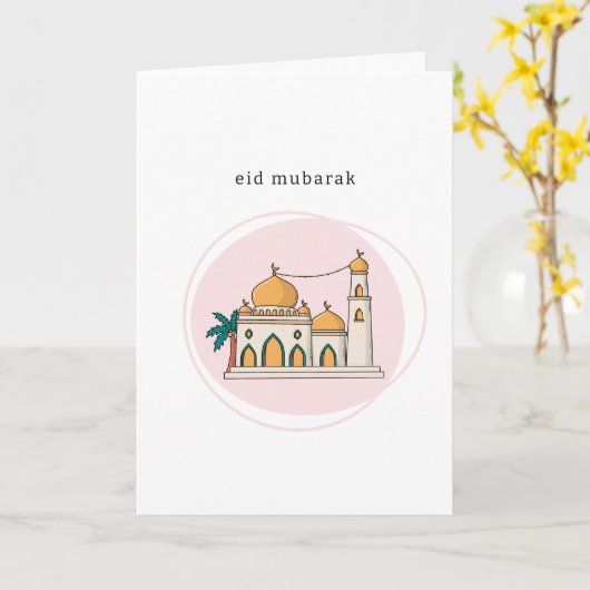 Eid Mubarak Kaart | Moderne Moskee Line Art (Gele Bloem)