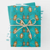 Eid Mubarak Kinder Maan en Lantaarn Blauwgroen Inpakpapier Vel (In situ)