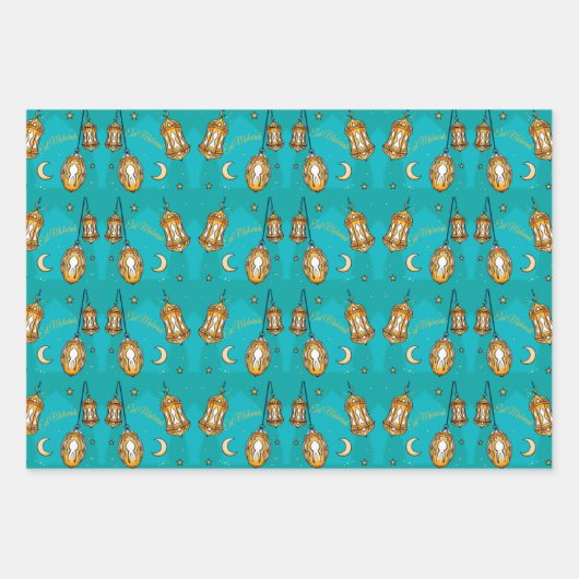 Eid Mubarak Kinder Maan en Lantaarn Blauwgroen Inpakpapier Vel (Voorkant)