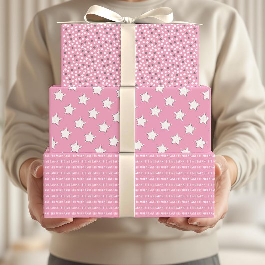 Eid Mubarak Kinder Pink Grey Star Stippen Pattern  Inpakpapier Vel