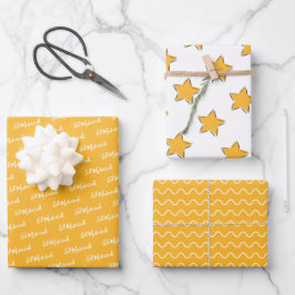 Eid Mubarak Kinder Yellow Star Wavy Pattern Quote Inpakpapier Vel