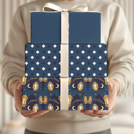 Eid Mubarak Kinderen Blauw Maan Lantaarn Patroon C Inpakpapier Vel
