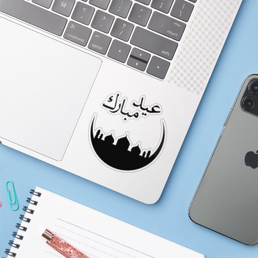 Eid Mubarak Maan Moskee Silhouet Sticker (Laptop met iPhone)