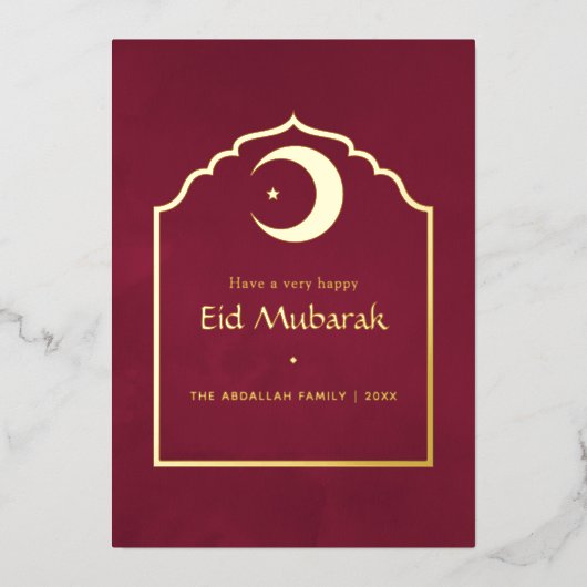 Eid Mubarak Marsala Red en Gold Folie Feestdagenkaart (Voorkant)