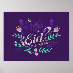 Eid mubarak met bloemen moskeeën en maan Poster