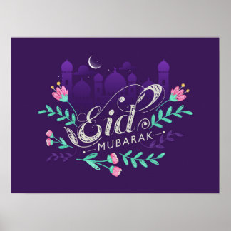 Eid mubarak met bloemen moskeeën en maan Poster