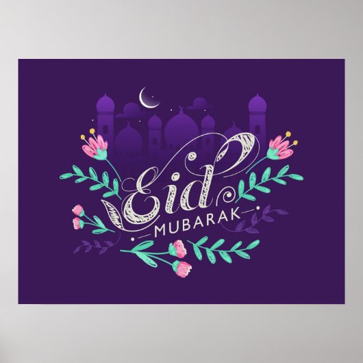 Eid mubarak met bloemen moskeeën en maan Poster (Voorkant)