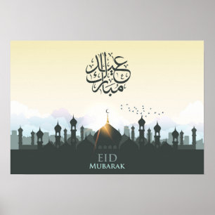 Eid mubarak met moskee en vogels poster