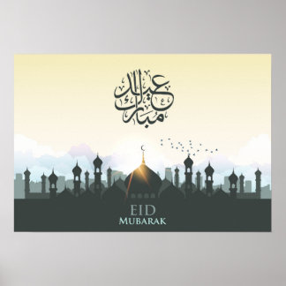 Eid mubarak met moskee en vogels poster