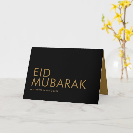 Eid Mubarak Modern Zwart en Goud Moslim Vakantie Kaart (Gele Bloem)