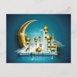 Eid Mubarak Moon Mosque Arabisch Calligrafie Blauw Feestdagenkaart
