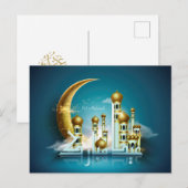 Eid Mubarak Moon Mosque Arabisch Calligrafie Blauw Feestdagenkaart (Voorkant / Achterkant)