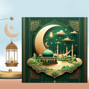 Eid Mubarak Moskee Halve groene goud Feestdagenkaart