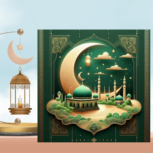 Eid Mubarak Moskee Halve groene goud Feestdagenkaart