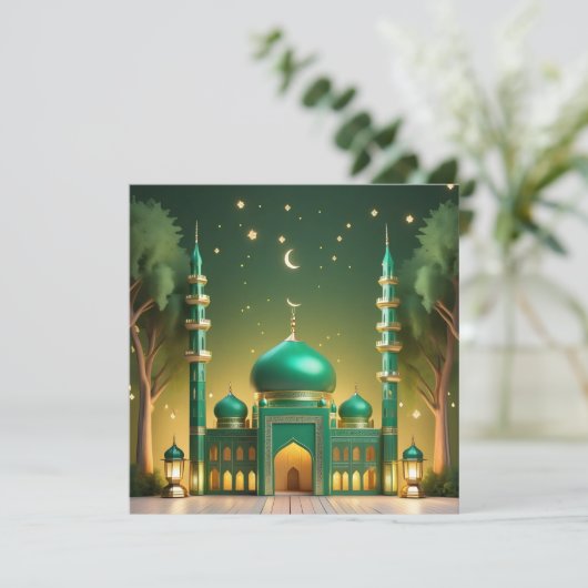 Eid Mubarak Moskee Halve maan Sterren Groen Goud Feestdagenkaart (Staand voorkant)