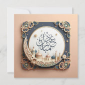 Eid Mubarak Moskee Halve sterren blauw roze Feestdagenkaart (Voorkant)