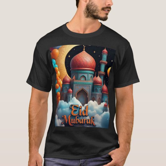 Eid Mubarak moskee met ballonnen Tshirt voor manne (Voorkant)