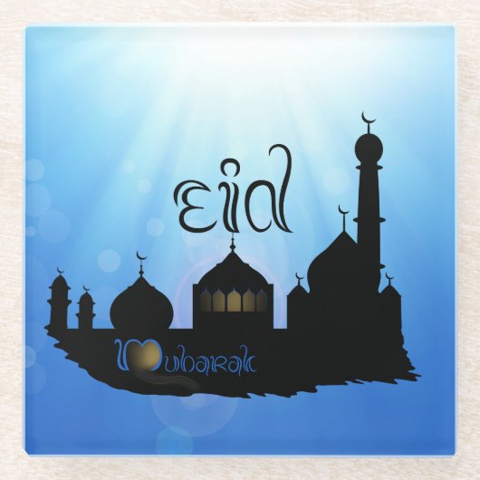 Eid Mubarak-moskee met Typografie Glazen Onderzetter (Voorkant)