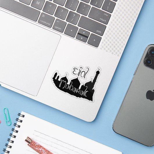 Eid Mubarak-moskee met Typografie Sticker (Laptop met iPhone)