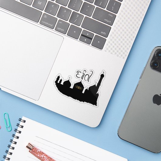 Eid Mubarak-moskee met Typografie Sticker (Laptop met iPhone)
