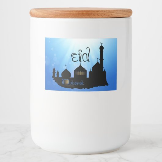 Eid Mubarak-moskee met Typografie Voedselcontainer Etiket (Voorkant)