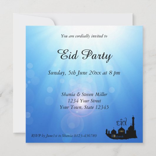 Eid Mubarak-moskee met zonnestralen - partijuitnod Kaart (Achterkant)