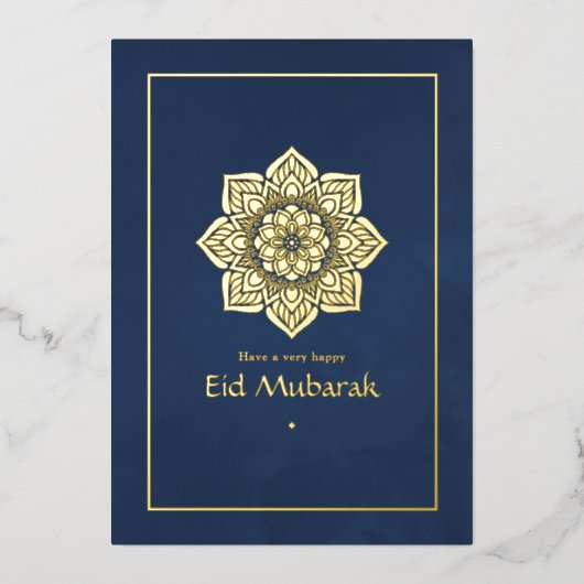 Eid Mubarak Navy Blauw en Goud Folie Feestdagenkaart (Voorkant)
