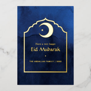 Eid Mubarak Navy Blauwe en Gouden Folie Vakantieka Feestdagenkaart