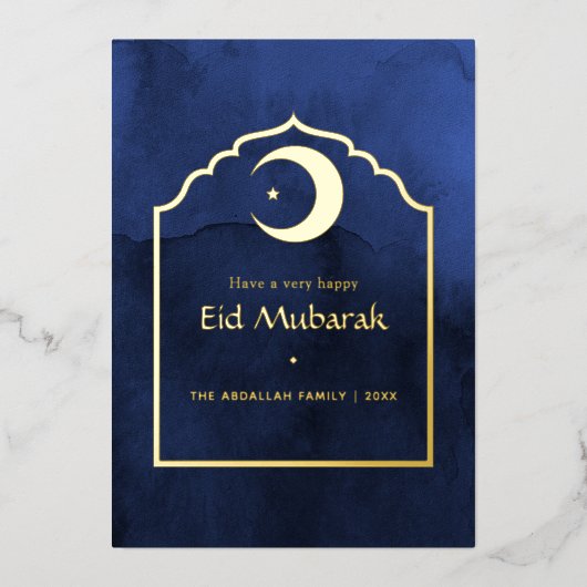 Eid Mubarak Navy Blue and Gold Foil Holiday Kaart (Voorkant)