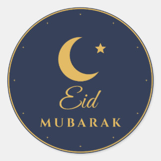 Eid Mubarak Navy Gouden Halve Maan Ronde Stickers