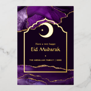 Eid Mubarak Paars en Goud Agaat Folie Feestdagenkaart