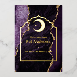Eid Mubarak Paars en Goud Agate Folie Feest Auto Feestdagenkaart